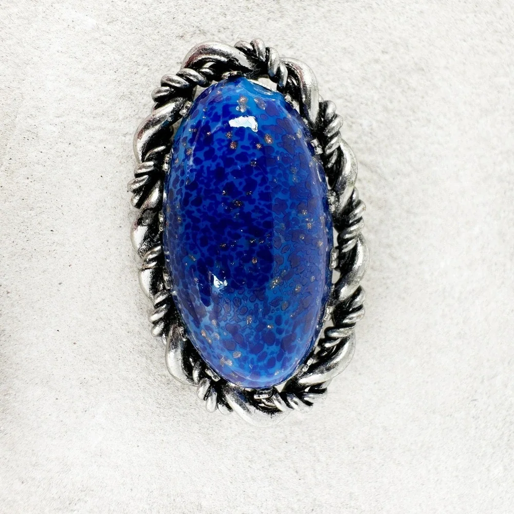Vintage Western Germany Goldstone Blue Brooch Oval Cabochon‎ Rope Twist